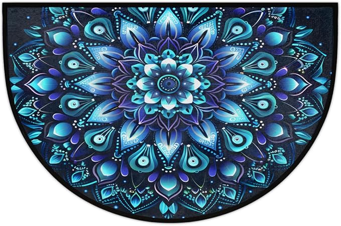 Half Round Door Mat Mandala Ethnic Flower Half Moon Rug Ethnic Mandala Washable Half Circle Area Rugs Indoor Entrance Non Slip Semi Circle Bathroom Rugs Floor Carpet for Kithen Bedroom Fireplace Decor