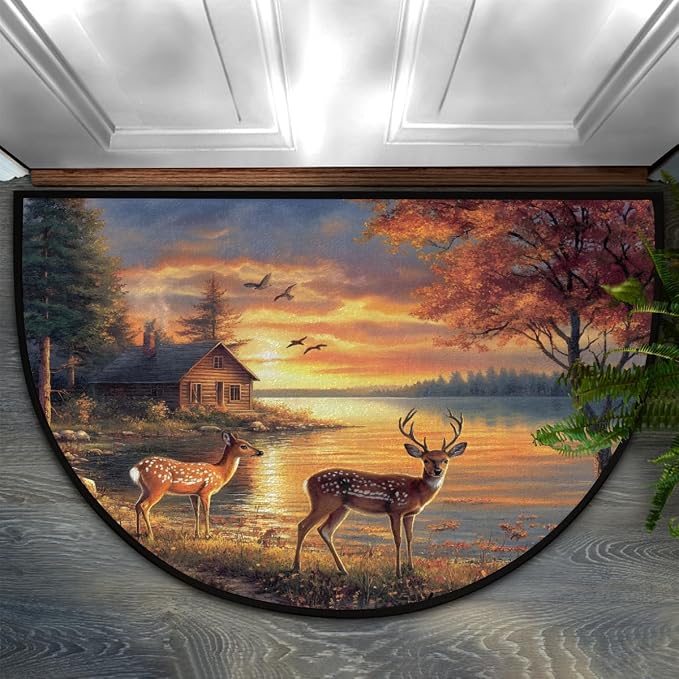cfpolar Half Round Door Mat Animals Forest Deer Autumn Non-Slip Semi Circle Area Rug Washable Half Moon Hearth Rugs for Indoor Outdoor Bathroom Kitche