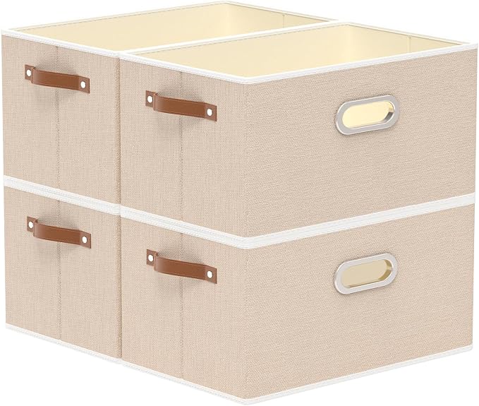Yawinhe Collapsible Fabric Storage Bins,15.0x9.8x8.3in,Beige,4-Pack | Foldable Storage Baskets for Shelves, Closet Boxes for Organization, Washable Closet Organizer for Towels, Canvas Bins