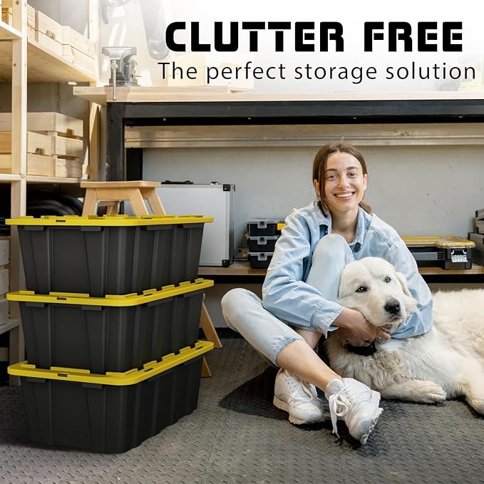 8 PACK of 12 Gallon Medium Black & Yellow Storage Bins | Plastic Tote Organizing Container with Secure Latching Lids, Stackable, Extra Strength with Built in Handle | 24.5" x 16.5" x 9"