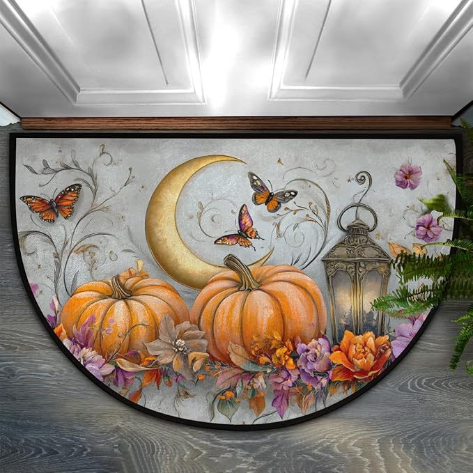 Pardick Half Round Door Mat Moon Pumpkin Butterfly Anti-Slip Semi Circle Rug 24X36 Entrance Welcome Mats Indoor Outdoor Door Mat, Washable Decorative Floor Mats for Kitchen Bathroom Hearth Fireplace