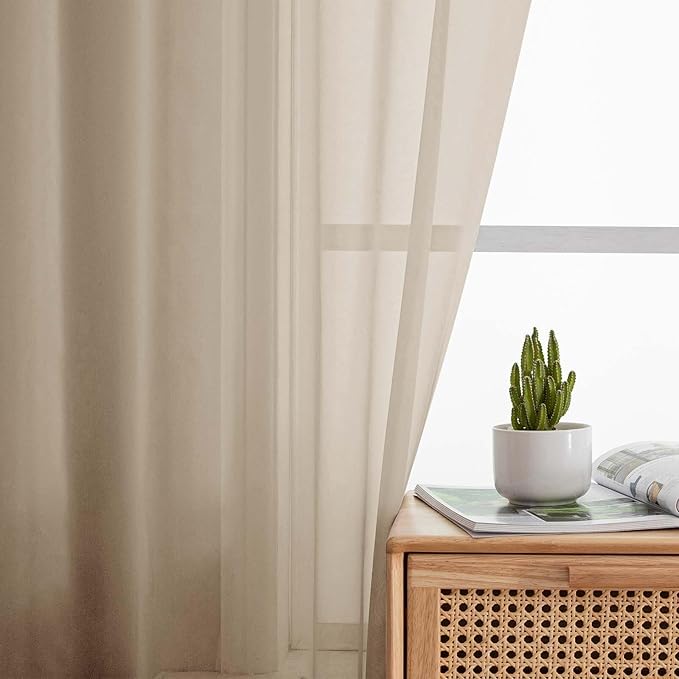 Kitchen Curtains 24 Inch Length Tier 2 Pieces, Taupe Sheer Curtain Solid Soft - Image 7
