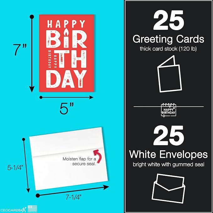 25 Happy Birthday Cards with Envelopes for Business, Family (Variety Set) | 5 Designs, Bulk 25 Pack, Birthday Greeting Card Set, 5x7 in, A7, Office, Employees, Work, Coworker, Client, Team, USA, VP2410