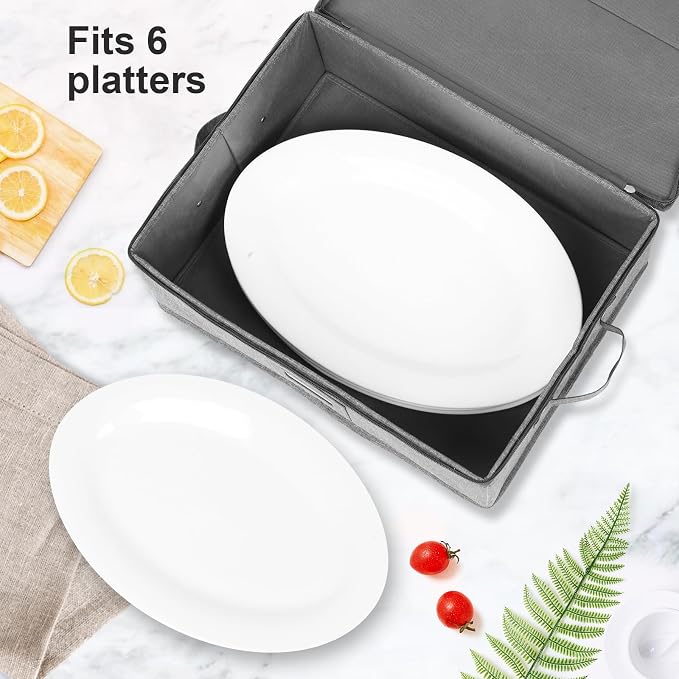 popoly Platter Storage, China Storage Containers Hard Shell 17" x 13" x 6" | China Platter Storage Containers with 5 Felt Dividers Included, Structured Top and Stackable (Linen Grey)