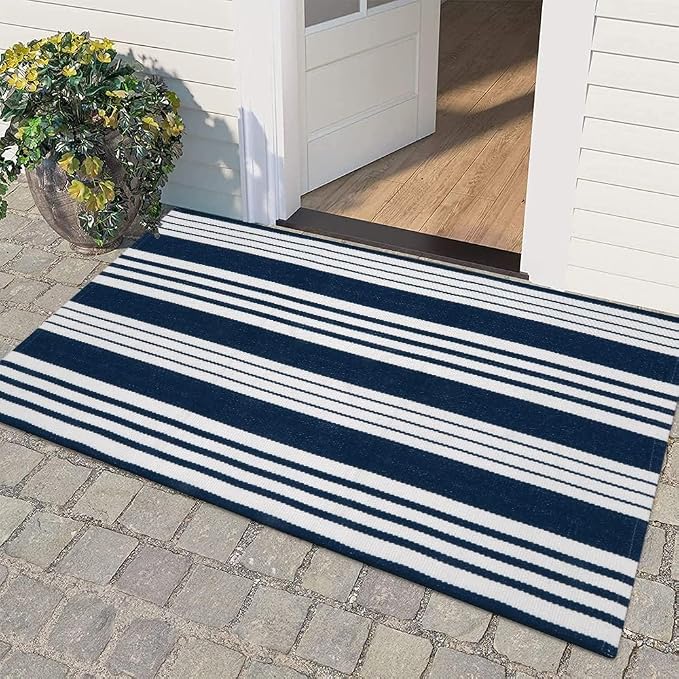 OJIA Outdoor Mats for Front Door 24"x51" Porch Rug Blue & White Outdoor Rug | Machine Washable Front Door Mat Cotton Woven Blue and White Outdoor Rugs Striped Kitchen Runner Doormat for Entry/Entrance