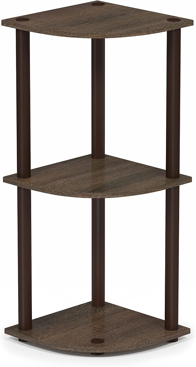 Furinno TURN-N-TUBE Corner Shelf, 3-Tier Corner Bookshelf, Display Storage Shelves, for Organization and Storage, Living Room, Home Office, Garage, Walnut