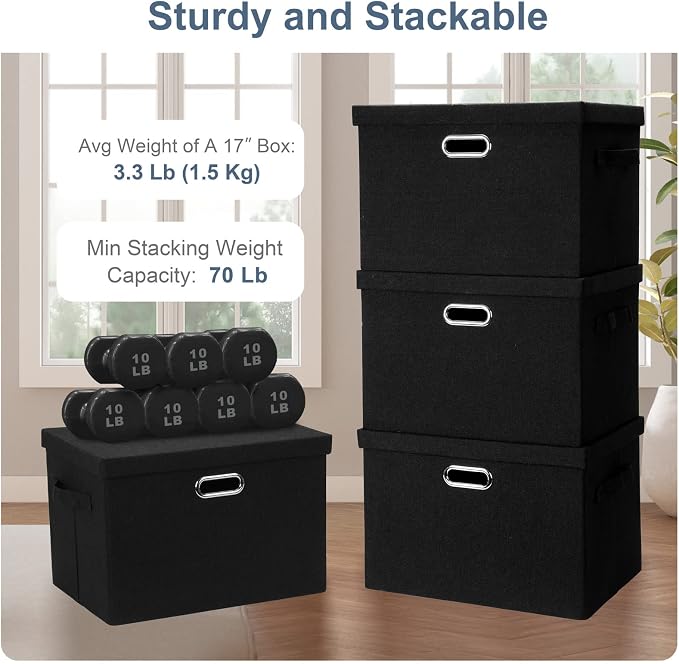 Graciadeco Large 17" 36 Quart Collapsible Stackable Storage Bins with Lids, 3 Packs Black Linen Fabric Closet Boxes with Lids, Storage Cube Baskets Container Organizers for Bedroom Office(17 x12 x11) | 36 Quart 3 Pack Black Collapsible Stackable Linen ...