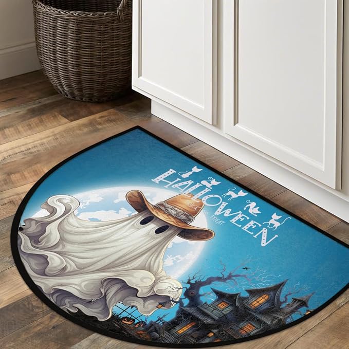 Ghosts Half Round Door Mat Semi Moon Rug Fireplace Carpet Area Rugs | Ghosts Halloween Non Slip Absorbent Half Circle Mat Carpet for Indoor Outdoor Patio Kitchen Bathroom Entryway Home Decor