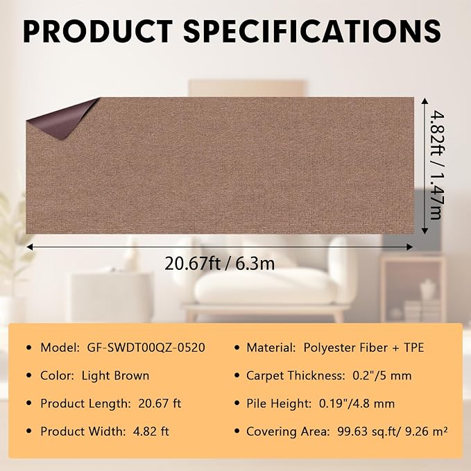 Grefinity Marine Carpet,5 FT x 20 FT Light Brown Indoor Outdoor Carpet 0.2" Thick Boat Rug with Water-Proof TPE Backing for Home, Patio, Porch, Deck