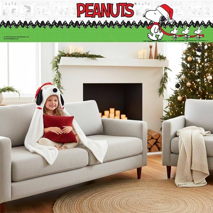 Peanuts Snoopy Santa Hat Hooded Throw - Kids Holiday Christmas Bedding Super Soft Throw Blanket - 30 in x 50 in, (Officially Licensed Product) by Franco