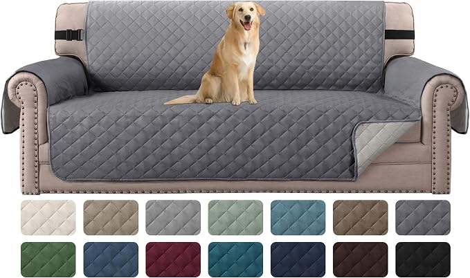 H.VERSAILTEX Reversible Sofa Cover for 3 Cushion Couch Water Resistant Couch Cover for Dogs Non Slip Furniture Protector Cover with Elastic Strap for Pet Cat(Sofa, Grey/Beige)