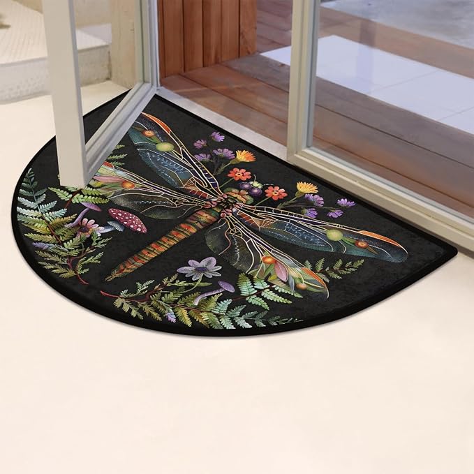 Dragonfly Half Round Doormat Washable Semi Circle Rug Kitchen Outdoor Rugs | Dragonfly Half Moon Rugs Non Slip Absorbent Entrance Floor Mat for Indoor Outdoor Bathroom Bedroom Fireplace Carpet Decor