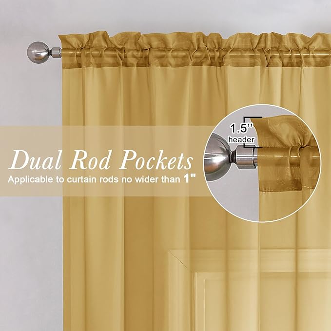Lecloud Gold Sheer Curtains 78 Inches Long 2 Panels, Breathable Solid Voile - Image 2
