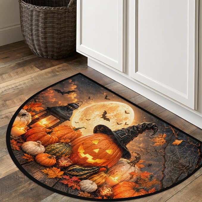 Halloween Half Round Door Mat Outdoor Doormat Bedroom Entrance Rug A7 | Halloween Pumpkin Semi Moon Door Mat Non-Slip Absorbent Kitchen Rug Indoor Welcome Bath Mat 36" X 24"