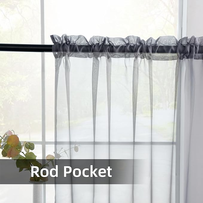youleyar Solid Sheer Rod Pocket Curtain Voile Draperies 2 Panels White Beige Black Grey Coffee 38 Inch Width 63 Inch Long 1 Pair for Kitchen Bedroom Children Living Room Yard(Grey,38Wｘ63L)