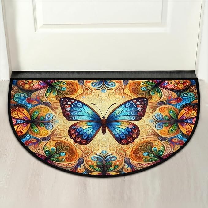 Colorful Butterfly Half Round Mat Half Moon Door Rug Washable Durable Semi Circle Carpet Floor mats for Indoor Outdoor Bathroom Kitchen Patio Hearth Rug Laundry Room Home Decoration