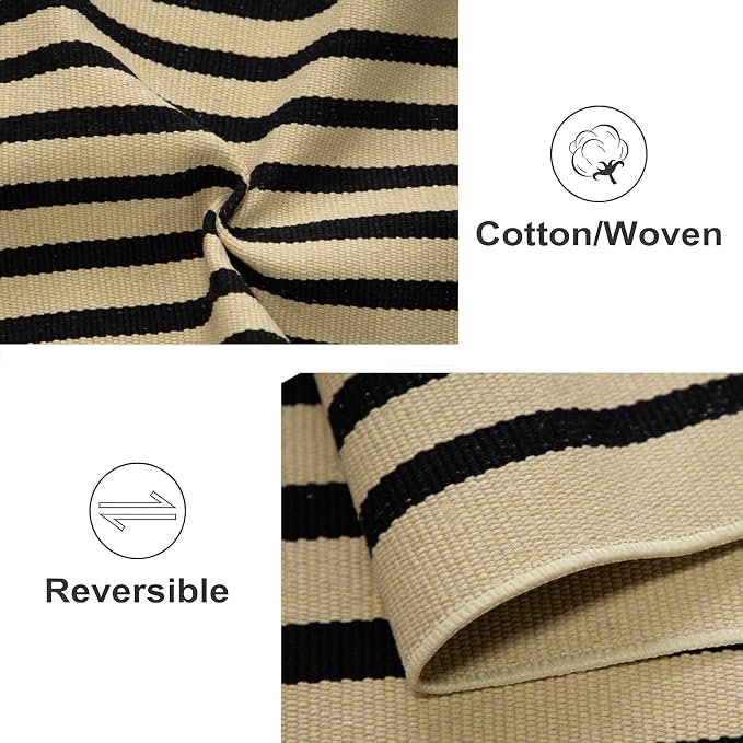 Front Door Mat Outdoor 24"x51",Tan and Black Striped Porch Rug Cotton Woven Washable Indoor Outdoor Layered Doormat Farmhouse Small Area Rug for Porch/Entryway/Home Entrance Decor