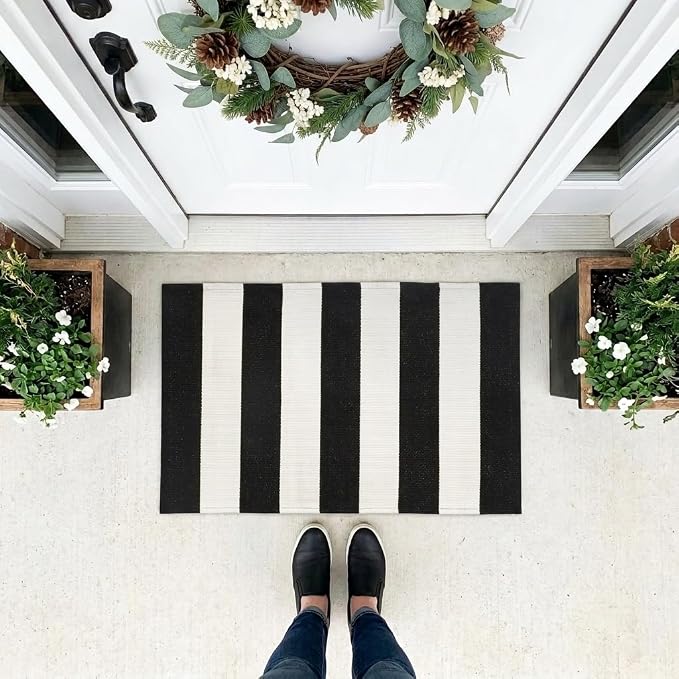 LEEVAN Black and White Striped Rug 2x3 Washable Welcome Go Away Door Mat | Cotton Woven Front Porch Rugs, Layered Door Mats Outdoor Door Mats, Farmhouse Doormat Door Mat Indoor Entrance Halloween Rug
