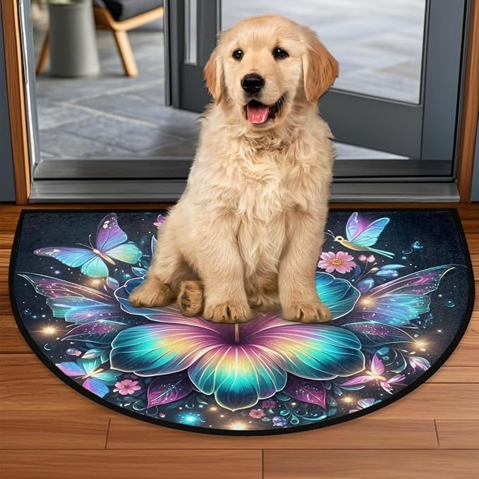 Flowers Half Round Door Mat Non-Slip Semi Circle Rug Half Moon Doormat | Blue Flowers Soft Washable Welcome Entrance Mat for Outdoor Indoor Floor Bedroom Bathroom Home Kitchen Festival Decor