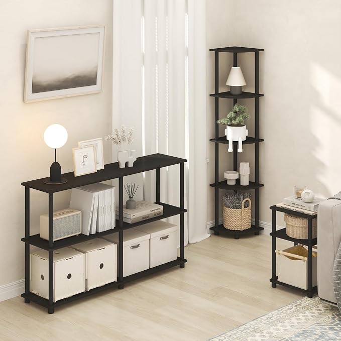 Furinno Turn-N-Tube Corner Shelf, 5-Tier Corner Bookshelf, Open Storage Shelves, for Organization and Storage, Living Room, Home Office, Garage, Bedroom, Black Espresso