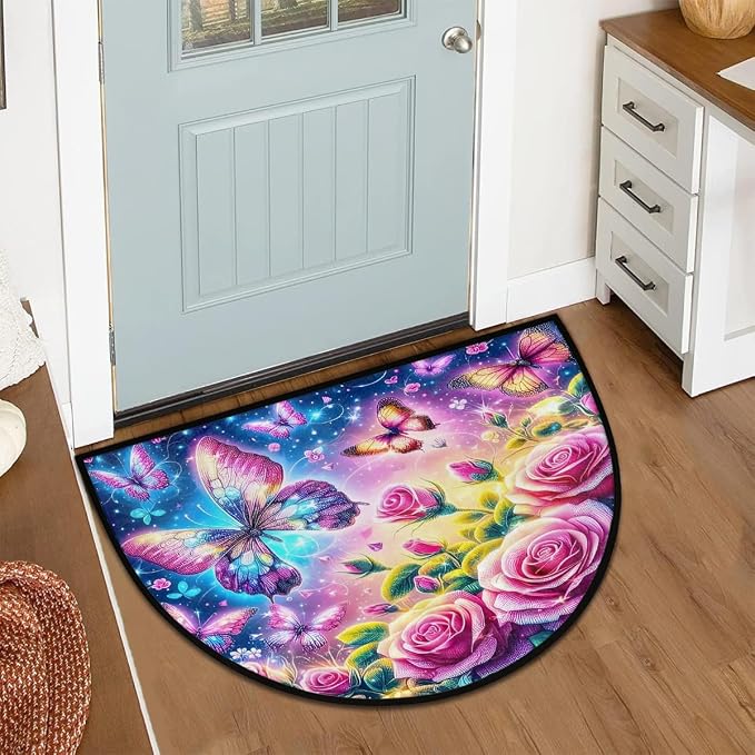 Rose Half Round Door Mat Semi Circle Rug Half Moon Doormat | Soft Washable Colorful Butterfly Welcome Entrance Mat for Outdoor Indoor Floor Bedroom Bathroom Home Kitchen Festival Decor