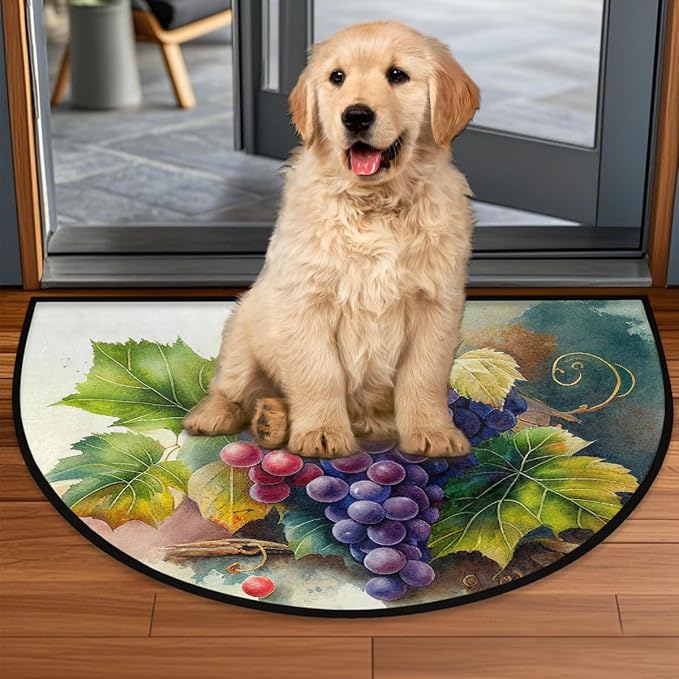 Hand Painted Grapes Half Round Door Mat Non-Slip Semi Circle Rug Washable Half Moon Floor Rug Absorbent Bathroom Area Rugs for Outdoor Indoor Fireplace Mat Entryway Kitchen Decor Rugs