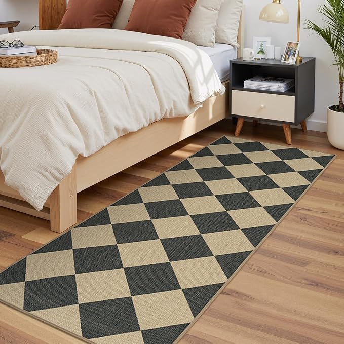 Lessymo Runner Rug 2.6x8 for Hallway, Checkered Easy Jute Washable Carpets | Reinforced Non Slip for Entryway Kitchen Bedside, Farmhouse Indoor Outdoor Carpets for Patio Porch, Diamond Black/Beige