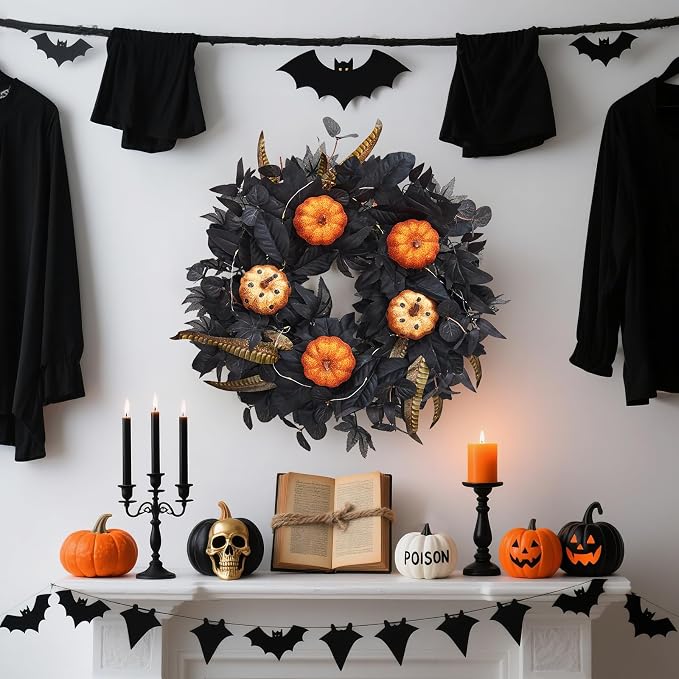 GarveeHome Halloween Wreath for Front Door, 18 in Fall Wreath with Pumpkins and Maple Leaves for Indoor Outdoor Wall Window Porch Patio Garden Farmhouse Home Party Prom Decoration