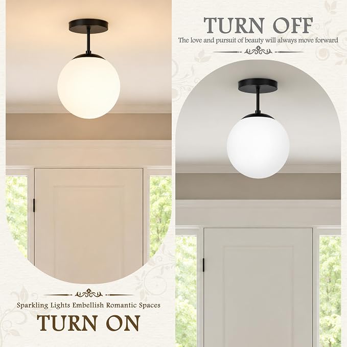 Globe Semi Flush Mount Ceiling Light, Mid Century Modern Light Fixture Ceiling, Milk Glass with Matte Black Finish, Living Room Kitchen Bedroom Hallway Storage Schoolhouse Laundry(LED Bulb Incl.)