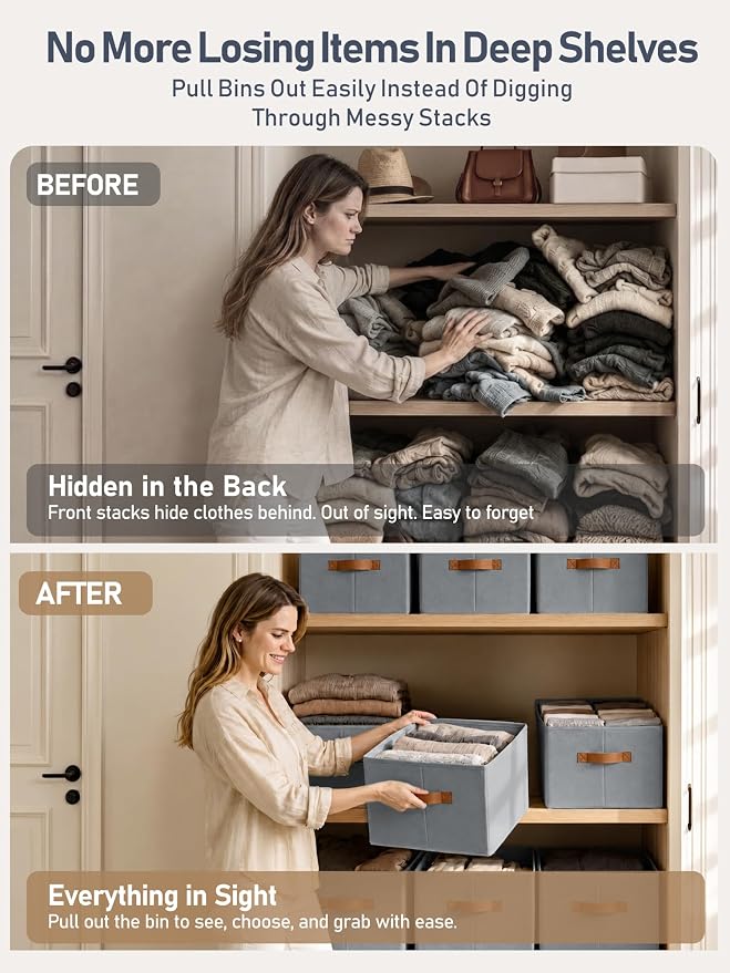 8 Pack Large Closet Storage Baskets Bins for Shelves, Collapsible Fabric Closet Organizers and Storage with Polyester Handles, Decorative Baskets for Organizing Clothes, Towels, Linen Closet 14"x10"