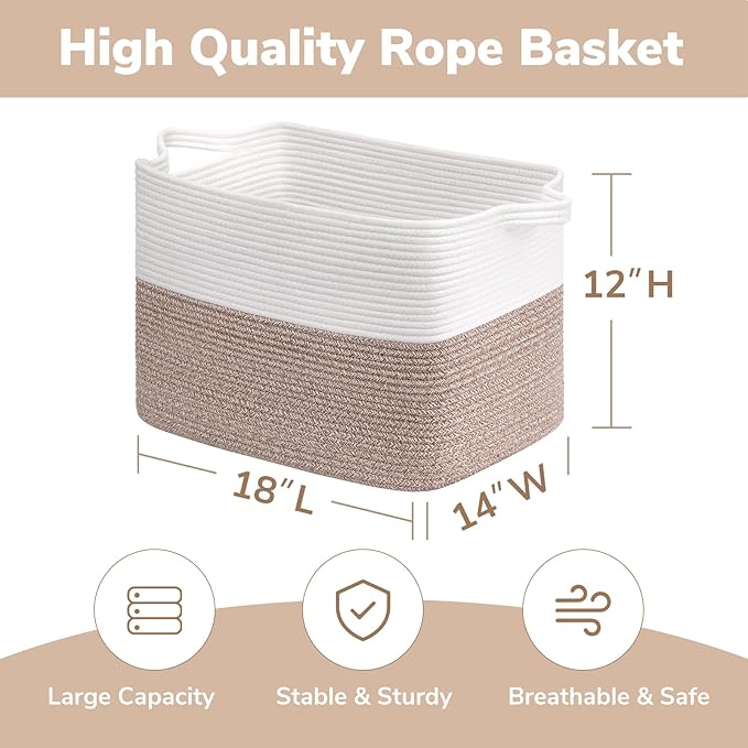 Goodpick 50L Large Woven Basket with Handles, 18" x 14" x 12", Brown | Blankets, Toys & Clothes Storage, Living Room & Bedroom Organization, Decorative Storage Basket, Stylish Rectangle Design