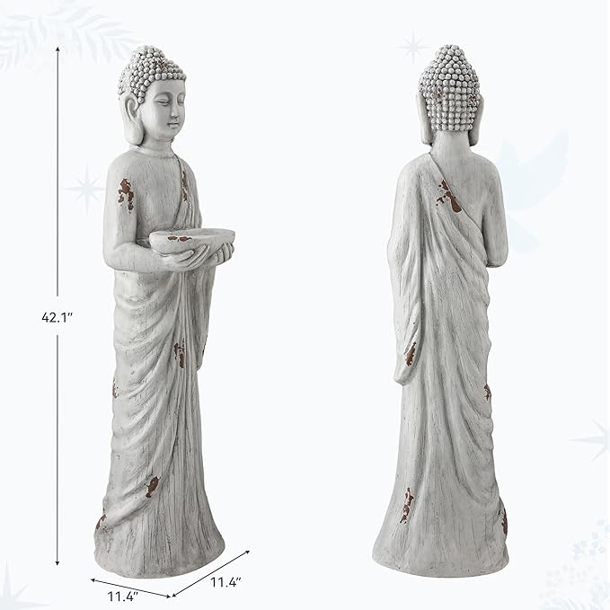 Extra-Large Buddha Statue Outdoor, 42 in Asian Decor with Birdfeeder | Zen Garden Sculpture for Indoor, Patio, Yard or Porch, Durable Weatherproof Magnesium Oxide Stone