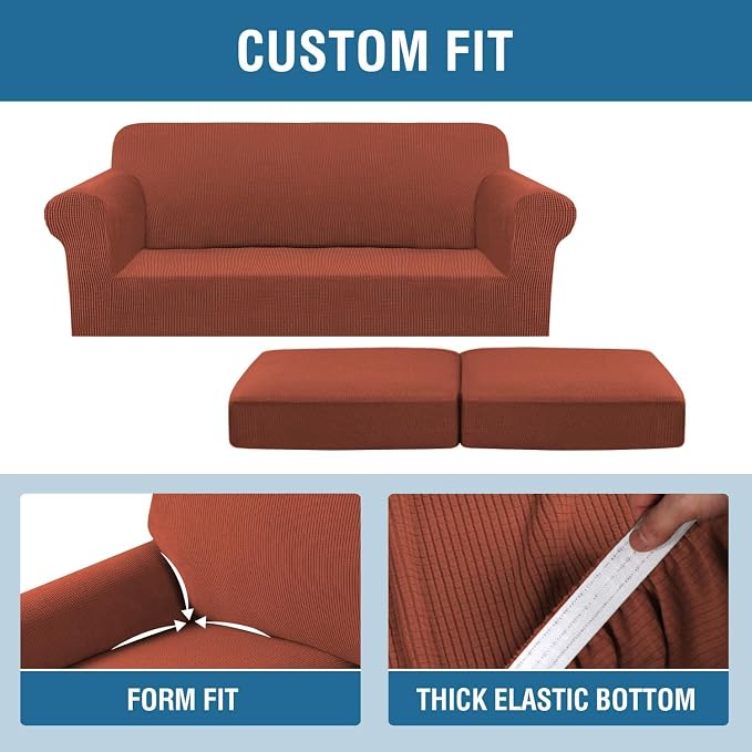 H.VERSAILTEX 3 Piece Stretch Sofa Covers for 2 Cushion Sofa Couch Covers for Living Room Sofa Slipcovers (Base Cover Plus 2 Seat Cushion Covers) Thicker Jacquard Fabric(Large Sofa, Rust)