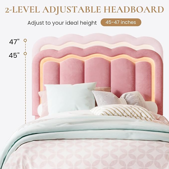 SHA CERLIN Twin Size Bed Frame with LED Lights and Storage Drawer, Pink | Upholstered Velvet Platform Bed with Adjuatable Wavy Headboard, Noise-Free, Easy Assembly,No Box Spring Needed