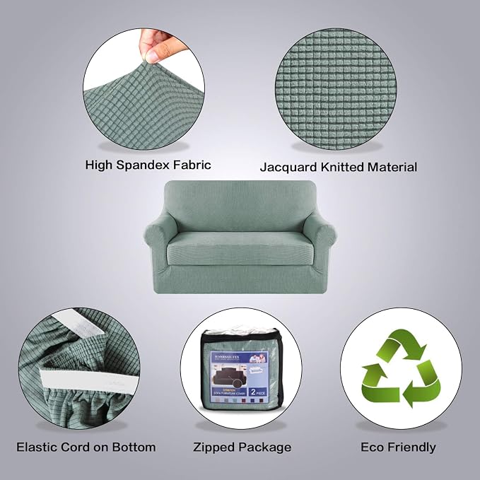 H.VERSAILTEX 2 Pieces Loveseat Slipcovers Love Seat Cover Furniture Cover/Protector Fit Lovesat Width Up to 70 Inch, Stay in Place Suit for T Cushion/Box Cushion (Loveseat, Sage)