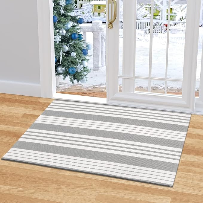 OJIA Front Door Mat Outdoor Doormat 24"x35" Gray White Striped Outdoor Rugs | Washable Front Door Rug Entry Rug Indoor Door Mat Outside Entrance Cotton Woven Small Area Rugs for Porch/Kitchen/Entryway