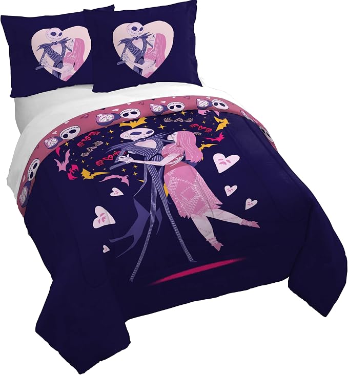 Jay Franco Duvet Cover Set – 3 Piece Comforter Cover and Sham Set, Super Soft Cozy Kids Bedding (Insert Not Included) Purple - Nightmare Before Christmas, Queen