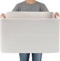 JMvicyroam 65L Large Woven Cotton Rope Blanket Basket, White | Blanket storage for living room or bedroom use, Freestanding with reinforced handles, Entire basket is machine washable