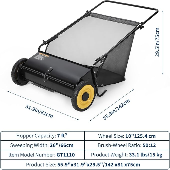 26-Inch Push Lawn Sweeper – 4 Fast Brushes, 7 Cu.ft Collector, Adjustable Height – Durable Steel Frame – Manual Hand-Push for Yard, Garden, Patio & Driveway Cleanup