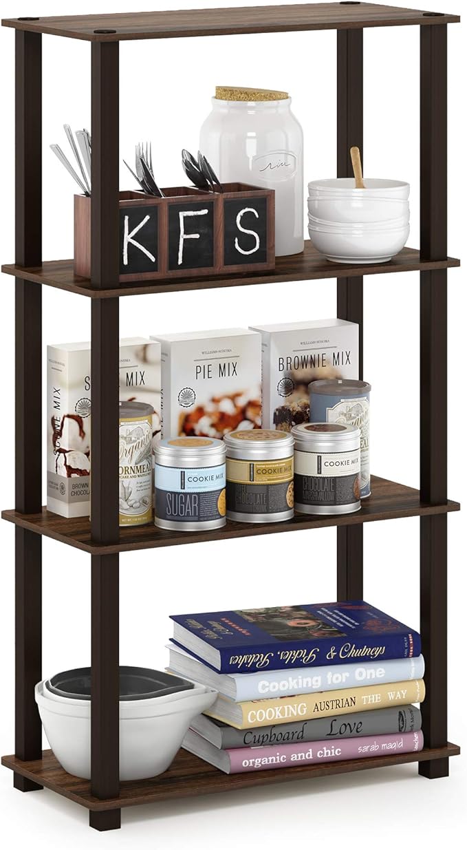 Furinno TURN-S-TUBE Storage Shelves, 4-Tier Book Shelf, Corner Shelf, Toolless Open Shelves, for Organization and Storage, Living Room, Garage, Home Office, Walnut