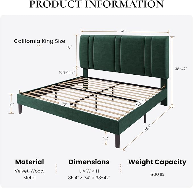 SHA CERLIN California King Bed Frame, Velvet Upholstered Bed with Adjustable Headboard, Vertical Channel Tufted Design, Sturdy Wood Slat Support, No Box Spring Needed, Easy Assembly, Green