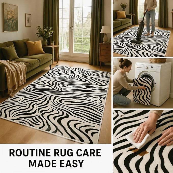 Black and White Rug 3x5 Animal Print with Abstract Stripes, Non-Slip TPE Backing, Low Pile, Washable Rugs Easy Clean, Suitable for Living Rooms, Bedrooms, and Offices
