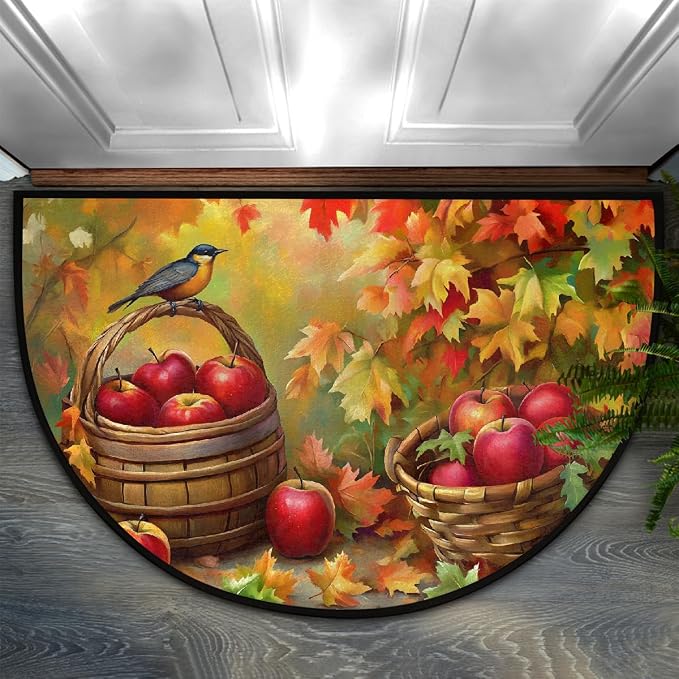 Half Round Door Mat Autumn Fall Apple Animal Half Moon Rug Washable Half Circle Area Rugs Indoor Entrance Non Slip Semi Circle Bathroom Rugs Floor Carpet for Kithen Bedroom Fireplace Decor