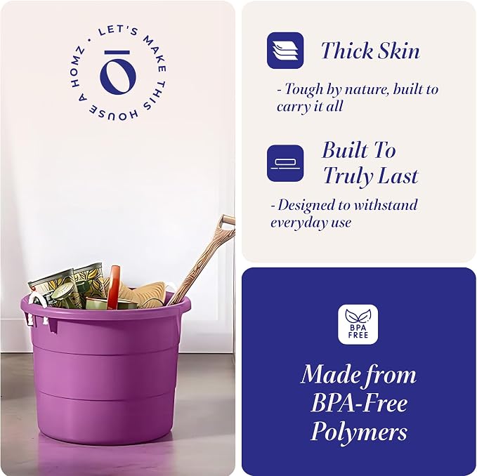 Homz 2 Pack of 17 Gallon Storage Buckets, Durable Plastic Containers, Sturdy Rope Handles, Large Tubs for Sports Equipment, Party Cooler, Gardening, Toys and Laundry, Orchid