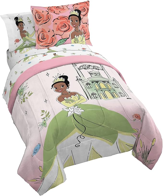 Disney Princess Tiana Full Comforter Set 7 Piece Kids Bedding, Pink | Bed in a Bag, Comforter Sheets Shams Pillowcases, Soft Microfiber, Machine Washable, Girls Gift
