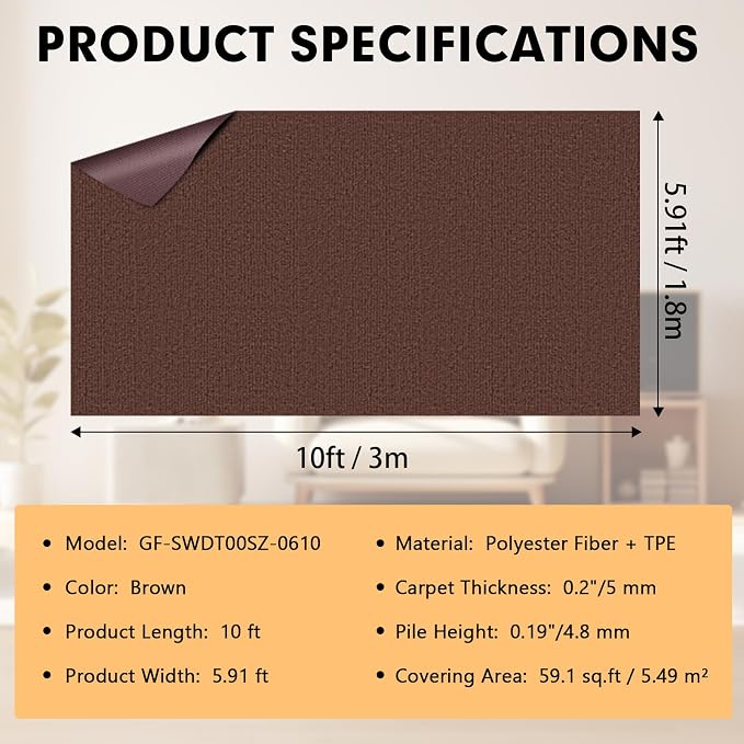 Grefinity Marine Carpet,6 FT x 10 FT Brown Indoor Outdoor Carpet 0.2" Thick Boat Rug with Water-Proof TPE Backing for Home, Patio, Porch, Deck