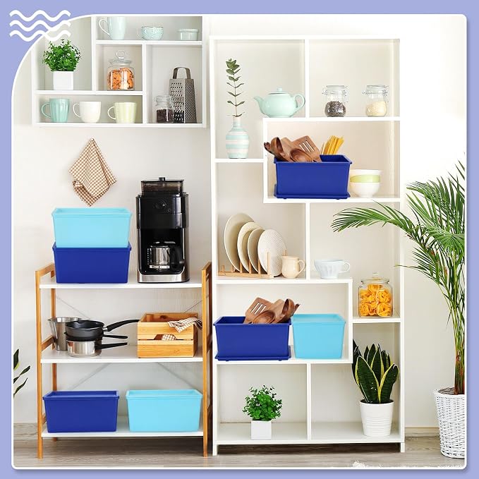 Menkxi 6 Pcs Storage Bins with Lids Small Plastic Storage Containers Stackable Storing Baskets Box Cute Organizer Bins for Organizing Shelves (Blue Series)