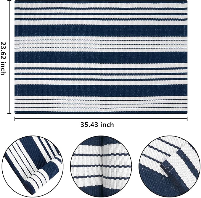 Blue and White Striped Doormat 24'' x 35'' Front Porch Rug Machine Washable Indoor Outdoor Doormat for Front Porch Hand-Woven Entryway Rug for Laundry/Bathroom/Bedroom