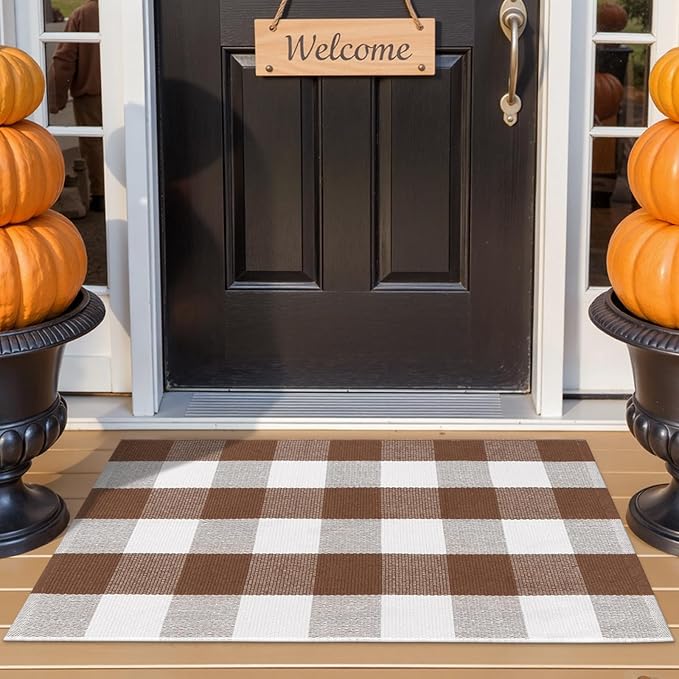 Collive Buffalo Plaid Checkered Outdoor Rug, Fall Autumn Decor Door Mat, 2x3 Coffee and White Doormat Washable Front Porch Rugs, Layered Welcome Front Door Mat Outside Entrance Kitchen Bathroom