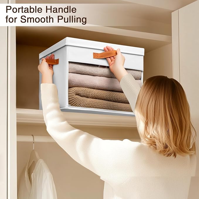Homsorout Large Storage Bins with Lids - 3 Pack Foldable Decorative Organizers with Clear Windows & Handles, Cube Storage Organizers for Clothes, Blankets, Sweaters, Sheets, White